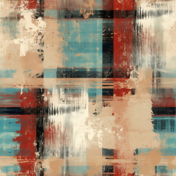 turquoise, coral red, cream, charcoal gray, peach, grunge texture, plaid pattern, abstract blocks, distressed finish, weathered appearance, vintage style,, fabric panel, layered design, geometric squares, muted tones, artistic brushstrokes, contemporary art, cotton fabric, patchwork style