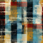 grunge plaid, abstract blocks, brushstroke texture, blue tones, orange accents, red patches, cream white, navy blue, burnt orange, weathered look, distressed pattern, painterly style, geometric squares, overlapping layers, vintage feel,, fabric panel, artistic design, modern abstract, textured surface