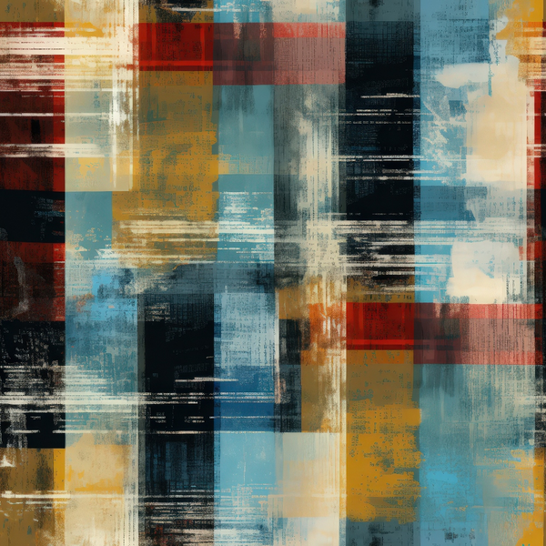 grunge plaid, abstract blocks, brushstroke texture, blue tones, orange accents, red patches, cream white, navy blue, burnt orange, weathered look, distressed pattern, painterly style, geometric squares, overlapping layers, vintage feel,, fabric panel, artistic design, modern abstract, textured surface