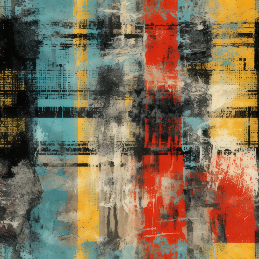 grunge plaid, distressed pattern, turquoise blue, bright orange, coral red, charcoal gray, weathered texture, abstract blocks, vintage style, faded appearance,, fabric panel, urban aesthetic, layered design, geometric squares, worn finish, contemporary art, mixed media look, textured surface, modern grunge