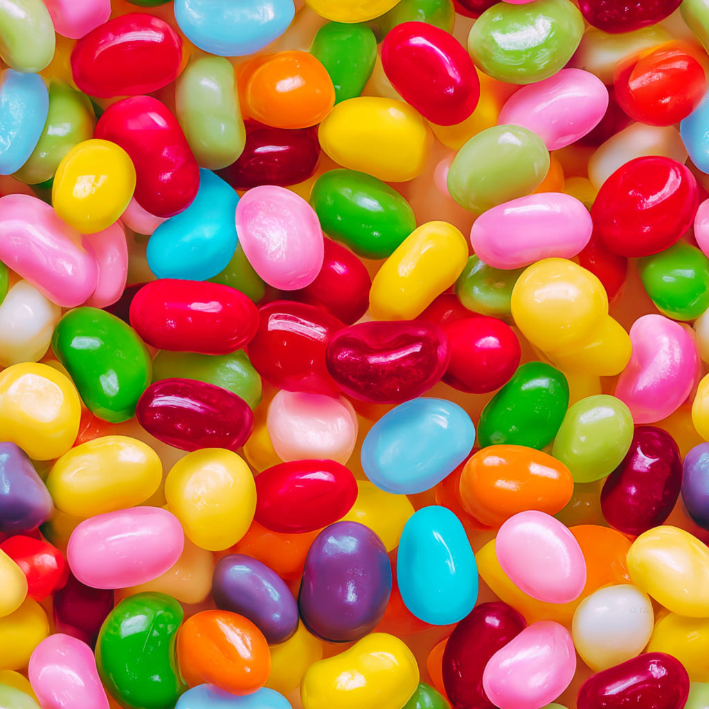 bright colors, jelly beans, candy pattern, red, yellow, green, blue, pink, orange, purple, glossy finish, sweet treats, colorful confections, oval shapes, scattered design, vibrant hues, food motif,, fabric panel, cheerful mood
