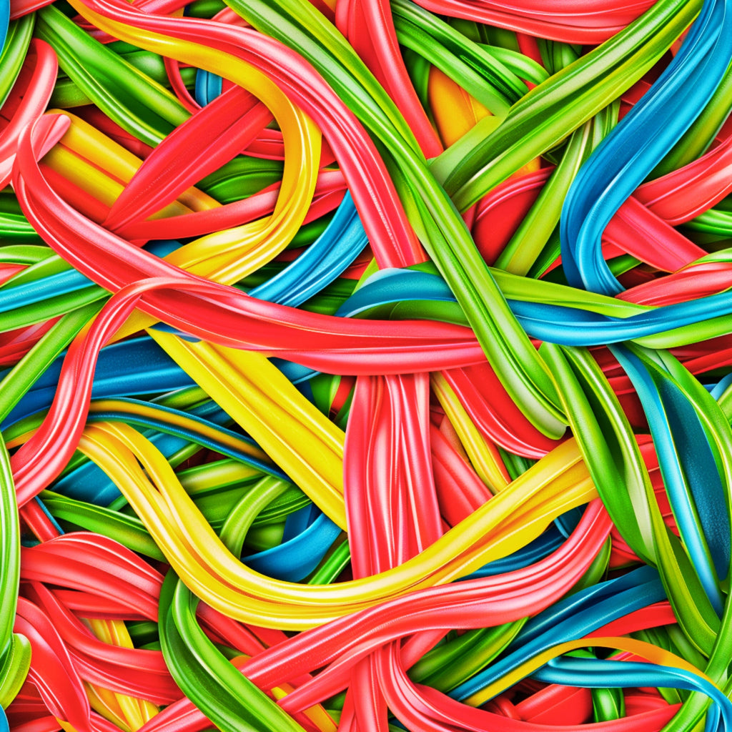 gummy candy, tangled stripes, red, green, yellow, blue, vibrant colors, twisted ribbons, licorice strands, sweet treats, colorful swirls, intertwined pattern, glossy texture, candy shop, playful design,, fabric panel, bright hues, confectionery theme, woven appearance