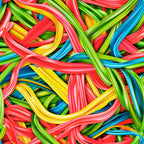gummy candy, tangled stripes, red, green, yellow, blue, vibrant colors, twisted ribbons, licorice strands, sweet treats, colorful swirls, intertwined pattern, glossy texture, candy shop, playful design,, fabric panel, bright hues, confectionery theme, woven appearance