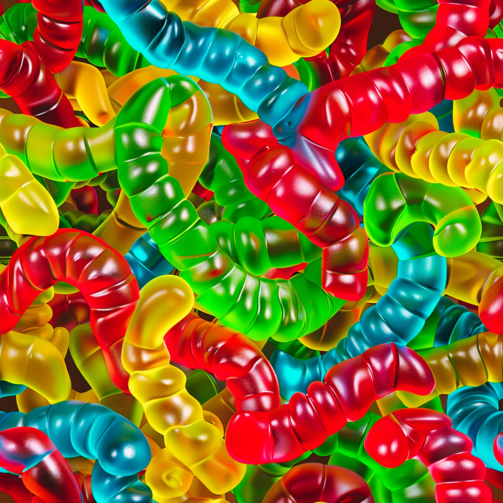 gummy candy, worm candies, bright colors, red, green, yellow, blue, orange, segmented worms, chewy texture, sweet treats, candy pattern, vibrant, playful, fun design,, fabric panel, colorful confections, glossy finish, scattered layout