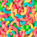 gummy worms, candy pattern, bright colors, rainbow colors, neon green, hot pink, electric blue, yellow, orange, purple, chewy candy, sour worms, junk food, sweet treats, playful design, fun pattern,, fabric panel, colorful background, nostalgic candy