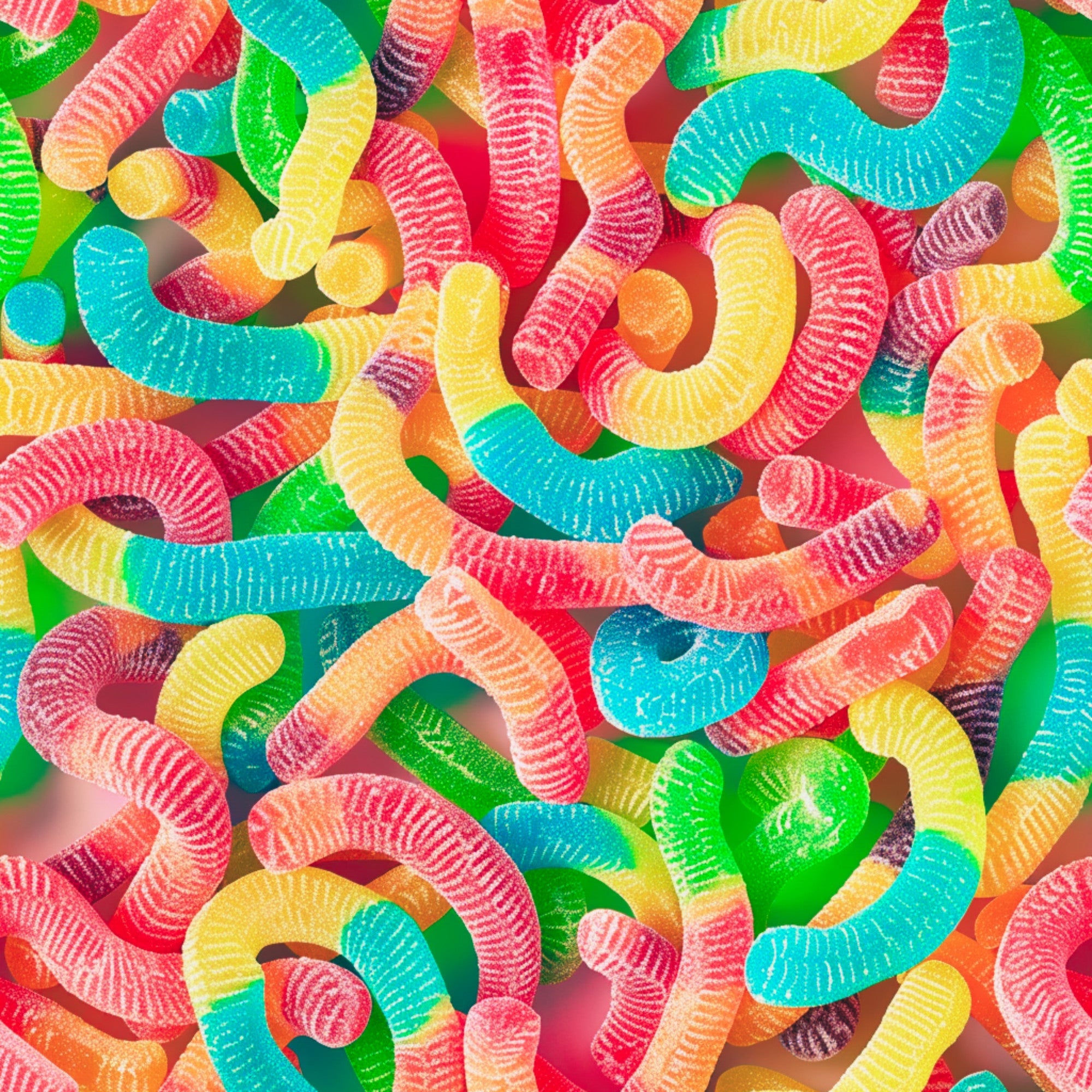 gummy worms, candy pattern, bright colors, rainbow colors, neon green, hot pink, electric blue, yellow, orange, purple, chewy candy, sour worms, junk food, sweet treats, playful design, fun pattern,, fabric panel, colorful background, nostalgic candy