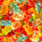 gummy bears, candy pattern, bright colors, red, yellow, orange, green, blue, translucent, chewy texture, colorful bears, sweet treats, food motif, playful design,, fabric panel, cheerful mood, rainbow colors, dessert theme, children's fabric