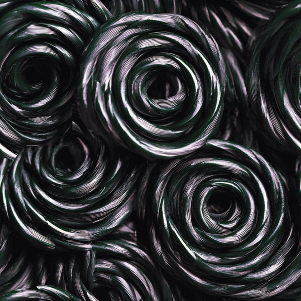 dark green, black, white, spiral pattern, swirled design, circular motifs, metallic sheen, glossy texture, abstract pattern,, fabric panel, modern design, geometric swirls, contemporary style, craft fabric, sewing material, repeating pattern, dimensional appearance, twisted ribbons