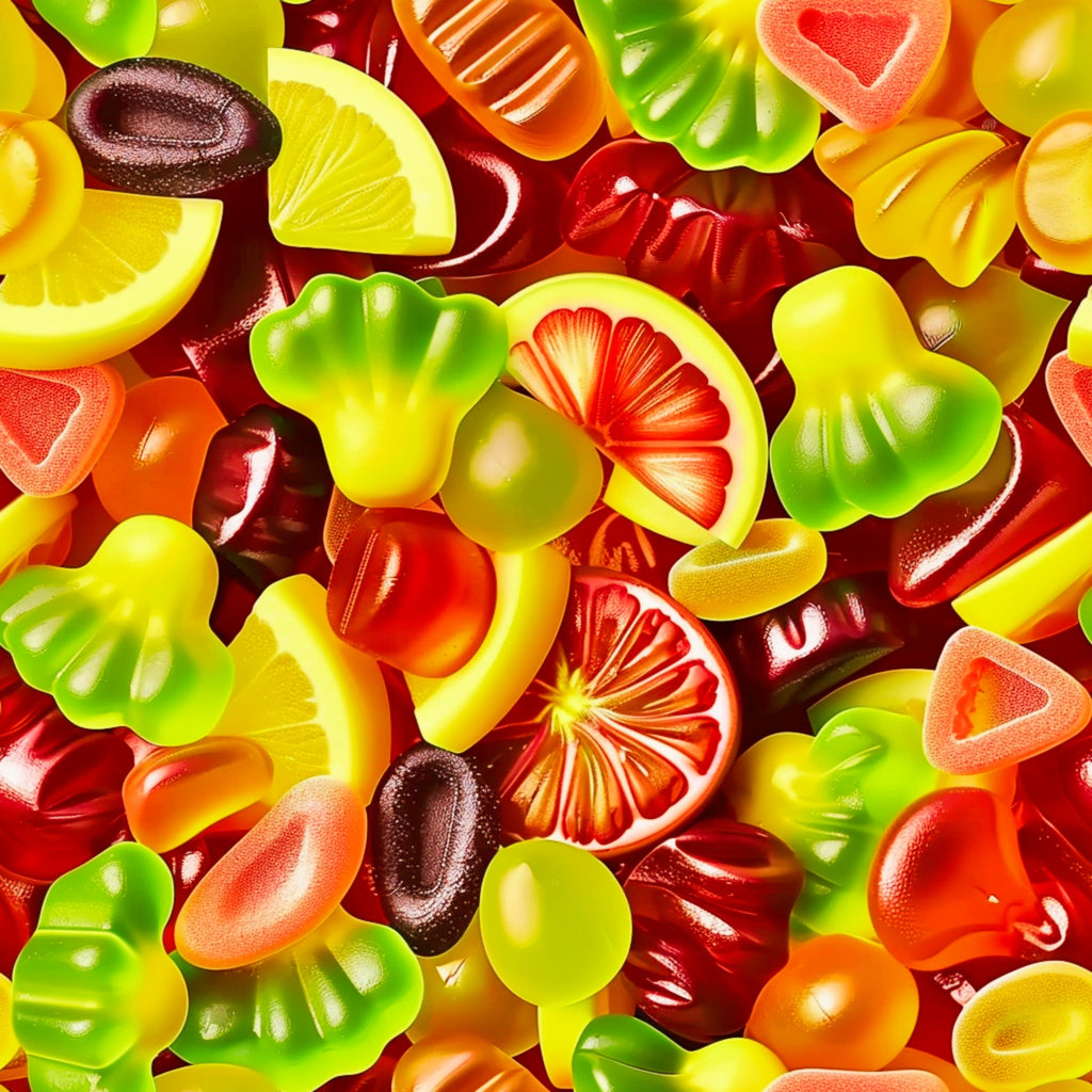 gummy candy, bright colors, vibrant pattern, red gummies, green gummies, yellow gummies, orange gummies, citrus slices, heart shapes, bear shapes, translucent candies, colorful sweets,, fabric panel, cheerful design, food motifs, candy theme, rainbow colors, fun pattern