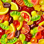 gummy candy, bright colors, vibrant pattern, red gummies, green gummies, yellow gummies, orange gummies, citrus slices, heart shapes, bear shapes, translucent candies, colorful sweets,, fabric panel, cheerful design, food motifs, candy theme, rainbow colors, fun pattern