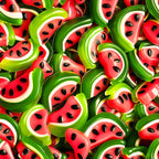 gummy candy, watermelon slices, bright red, vibrant green, white rind, black seeds, sweet treats, candy pattern,, fabric panel, summer vibes, fruit motif, glossy finish, playful design, food themed, geometric shapes, repeating pattern, cheerful mood, craft fabric, sewing material