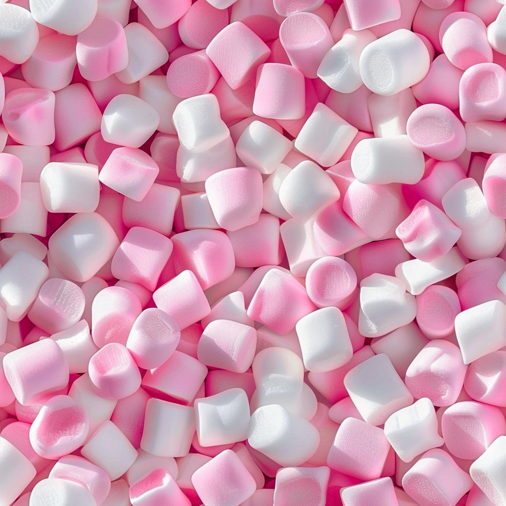 pink marshmallows, white marshmallows, soft pink, pale pink, gummy candy, mini marshmallows, sweet treats, candy pattern,, fabric panel, confectionery design, puffy texture, scattered arrangement, dessert motif, candy shop, pastel colors, food pattern, cylindrical shapes, whimsical design, craft fabric