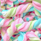 pastel colors, pink, turquoise, lime green, white, yellow, twisted marshmallows, gummy candy, swirled pattern, candy motif, sweet treats, soft pastels,, fabric panel, whimsical design, cheerful mood, confectionery theme, marshmallow twists, candy shop, playful pattern