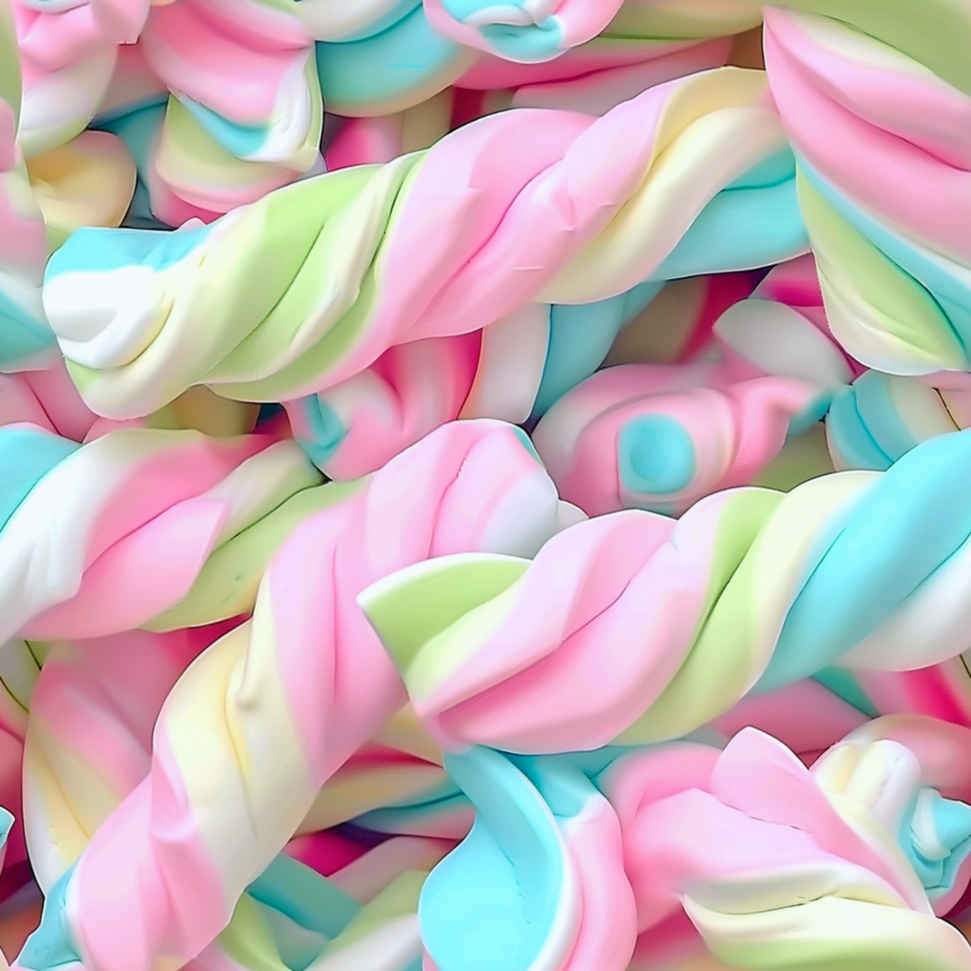 pastel colors, pink, turquoise, lime green, white, yellow, twisted marshmallows, gummy candy, swirled pattern, candy motif, sweet treats, soft pastels,, fabric panel, whimsical design, cheerful mood, confectionery theme, marshmallow twists, candy shop, playful pattern