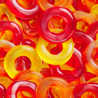 gummy candy, ring shaped, circular pattern, red, orange, yellow, translucent, glossy finish, sweet treats, candy design,, fabric panel, bright colors, food motif, chewy texture, sugar coated, confectionery, vibrant hues, repeating pattern, dessert theme