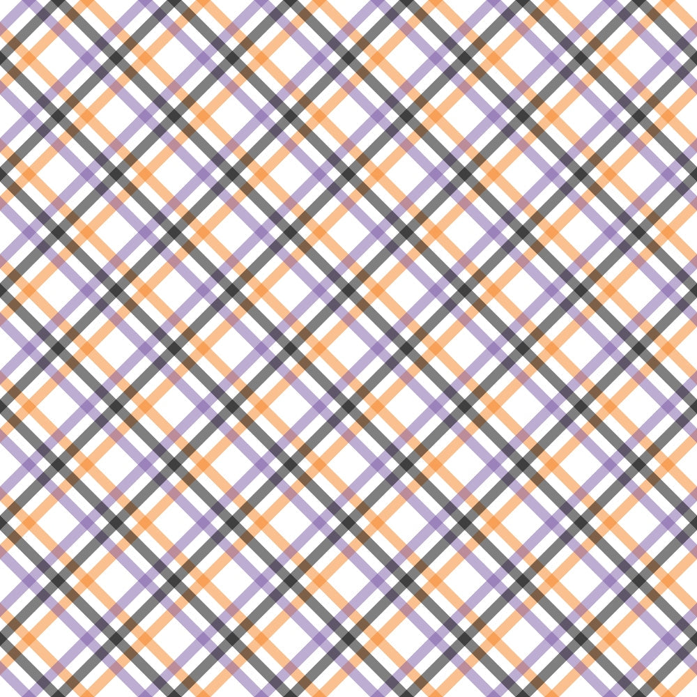 halloween plaid, diagonal stripes, orange, purple, black, white, geometric pattern, crosshatch design, bias plaid,, fabric panel, halloween basics, seasonal fabric, autumn colors, chevron elements, woven appearance, cotton fabric, halloween themed, plaid weave, diagonal grid