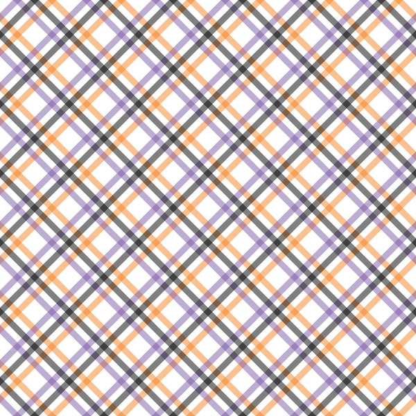 halloween plaid, diagonal stripes, orange, purple, black, white, geometric pattern, crosshatch design, bias plaid,, fabric panel, halloween basics, seasonal fabric, autumn colors, chevron elements, woven appearance, cotton fabric, halloween themed, plaid weave, diagonal grid