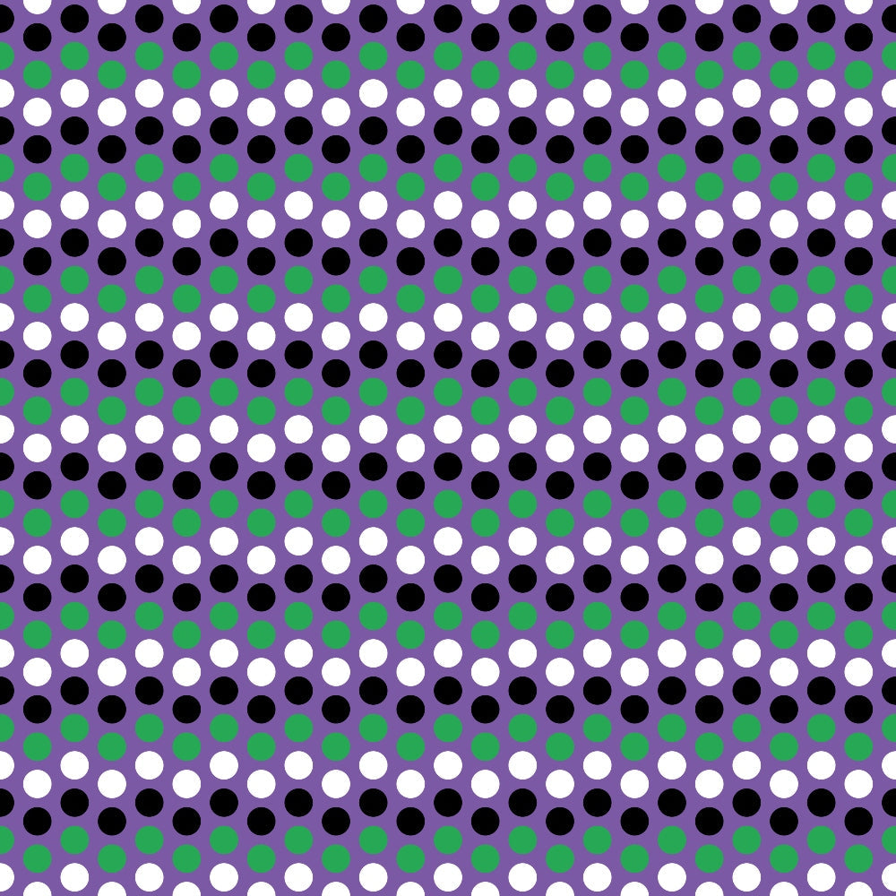 purple, black, white, green, polka dots, geometric pattern, repeating circles, spot design, halloween colors,, fabric panel, dotted pattern, circular motifs, alternating rows, festive pattern, seasonal fabric, craft material, sewing fabric, halloween basics