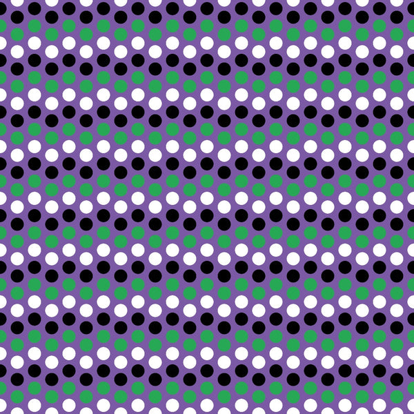 purple, black, white, green, polka dots, geometric pattern, repeating circles, spot design, halloween colors,, fabric panel, dotted pattern, circular motifs, alternating rows, festive pattern, seasonal fabric, craft material, sewing fabric, halloween basics