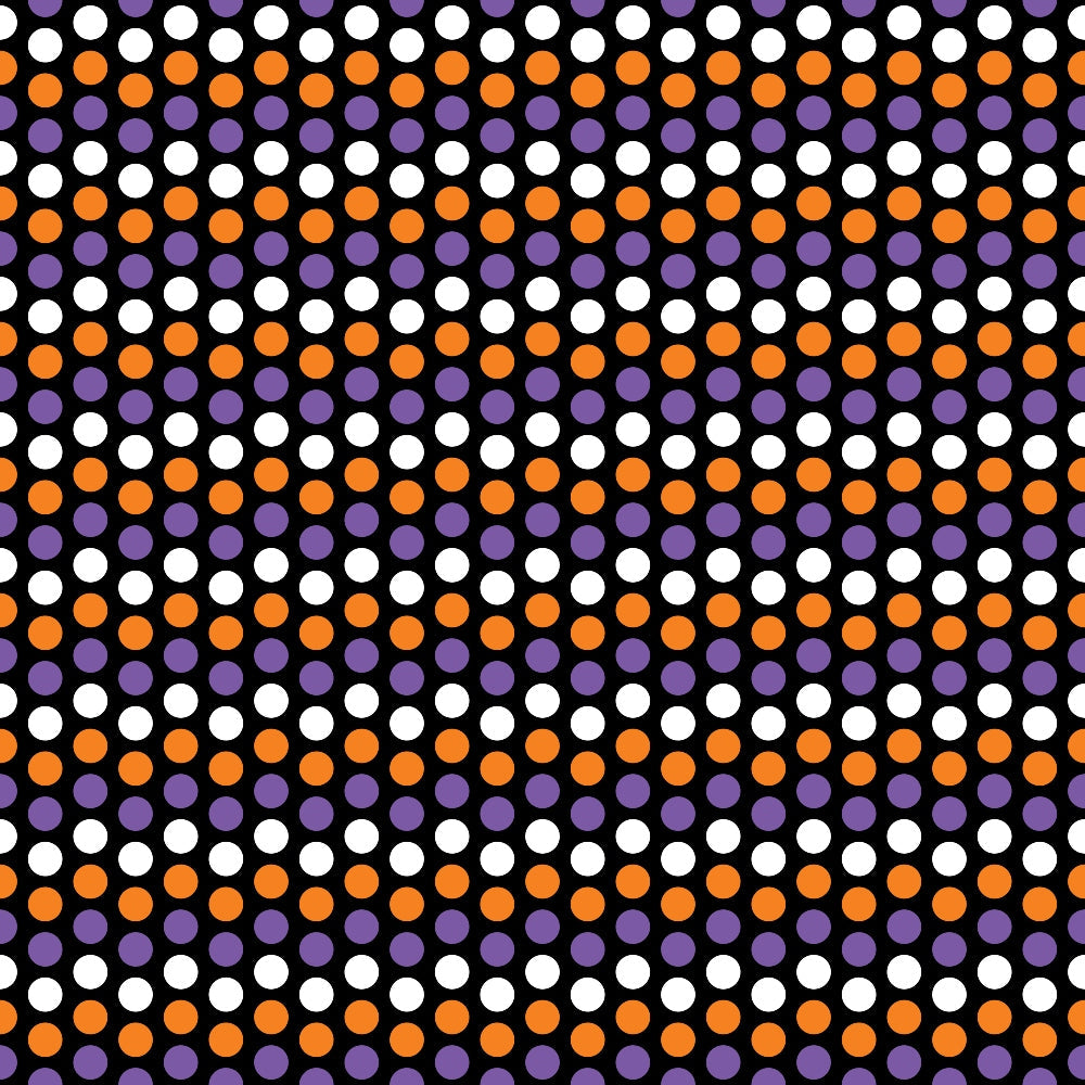 orange circles, purple circles, white circles, polka dots, geometric pattern, repeating dots, halloween colors, black background, circular motifs,, fabric panel, seasonal fabric, halloween basics, dot pattern, orange purple white, geometric design, halloween themed, cotton fabric, crafting material, autumn colors