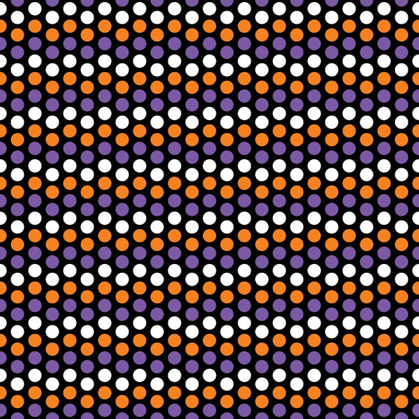 orange circles, purple circles, white circles, polka dots, geometric pattern, repeating dots, halloween colors, black background, circular motifs,, fabric panel, seasonal fabric, halloween basics, dot pattern, orange purple white, geometric design, halloween themed, cotton fabric, crafting material, autumn colors