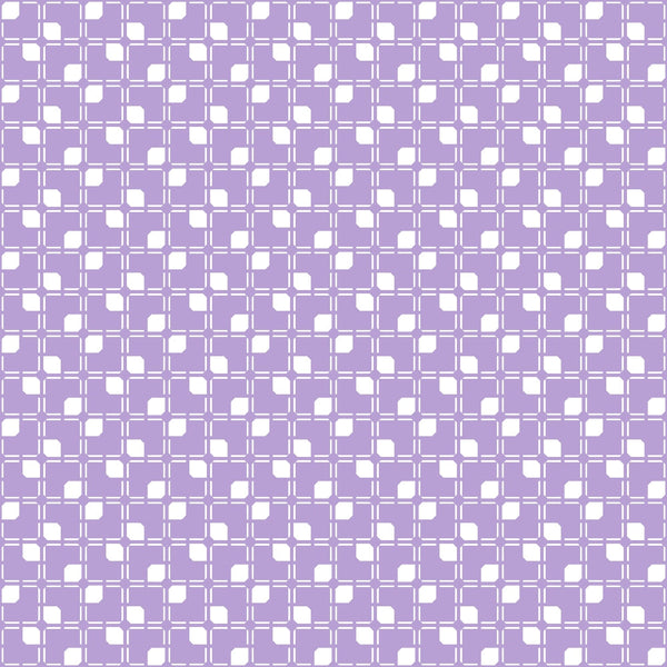 lavender purple, white, geometric pattern, interlocking squares, rounded corners, repeating motif, grid design,, fabric panel, halloween basics, modern geometric, contemporary style, crafting material, sewing fabric, coordinating print, blender pattern, tonal design, soft purple, geometric blocks