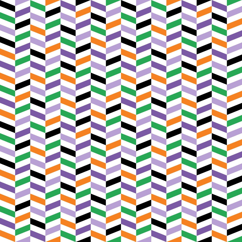 geometric chevron, herringbone pattern, orange, purple, green, black, white, zigzag stripes, halloween colors,, fabric panel, angular design, repeating pattern, diagonal stripes, geometric motifs, cotton fabric, halloween themed, seasonal fabric, chevron weave, striped pattern
