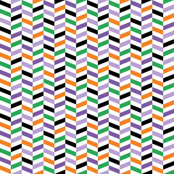 geometric chevron, herringbone pattern, orange, purple, green, black, white, zigzag stripes, halloween colors,, fabric panel, angular design, repeating pattern, diagonal stripes, geometric motifs, cotton fabric, halloween themed, seasonal fabric, chevron weave, striped pattern