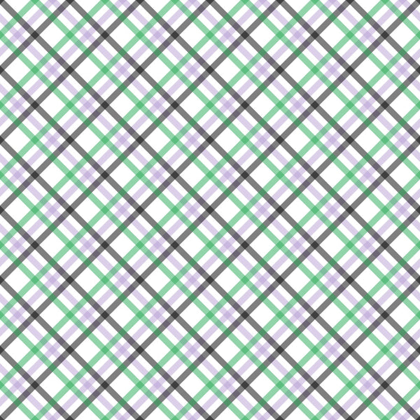 plaid pattern, diagonal stripes, green lines, purple lines, gray lines, white background, crosshatch design, geometric pattern,, fabric panel, checkered motif, intersecting lines, halloween basics, seasonal fabric, craft material, sewing fabric, cotton textile, repeating pattern, angular design