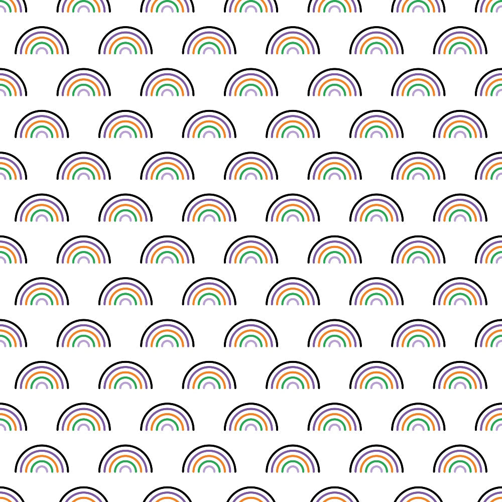 rainbow pattern, multicolored arcs, repetitive design, geometric shapes, curved lines,, fabric panel, colorful stripes, arc motifs, semi-circles, bright colors, cheerful pattern, repeating rainbows, striped arcs, vibrant hues, whimsical design, cotton fabric, quilting material, patchwork suitable, craft fabric