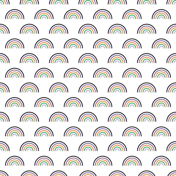 rainbow pattern, multicolored arcs, repetitive design, geometric shapes, curved lines,, fabric panel, colorful stripes, arc motifs, semi-circles, bright colors, cheerful pattern, repeating rainbows, striped arcs, vibrant hues, whimsical design, cotton fabric, quilting material, patchwork suitable, craft fabric