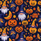 halloween, cartoon gnomes, jack-o-lanterns, pumpkins, witch hats, autumn leaves, navy blue background, orange, purple, yellow,, fabric panel, whimsical, festive, seasonal, spooky cute, repeating pattern, fall theme, halloween characters, craft fabric