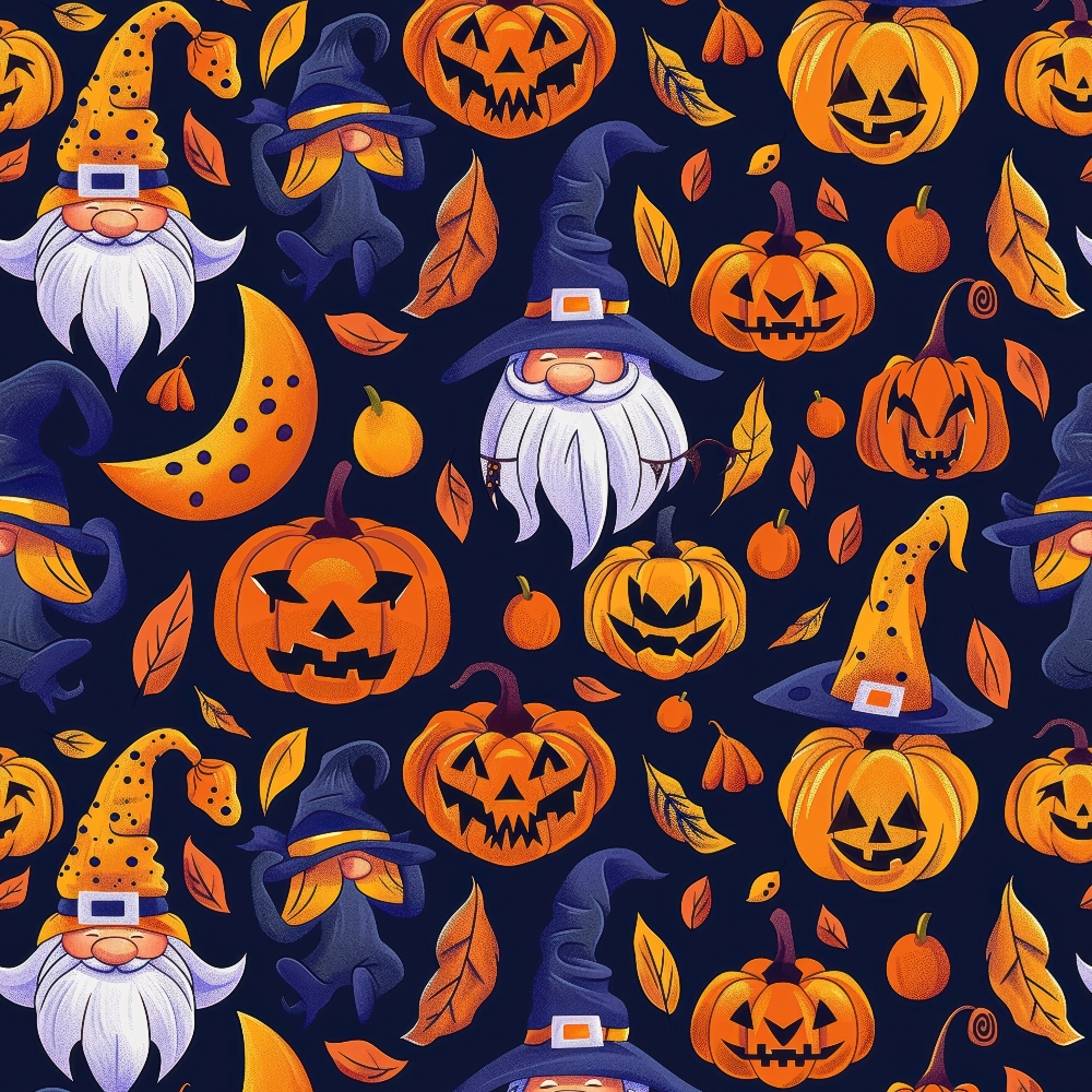 halloween, cartoon gnomes, jack-o-lanterns, pumpkins, witch hats, autumn leaves, navy blue background, orange, purple, yellow,, fabric panel, whimsical, festive, seasonal, spooky cute, repeating pattern, fall theme, halloween characters, craft fabric