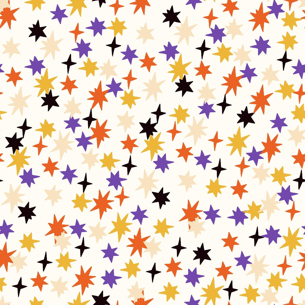 halloween, stars, orange, purple, black, yellow, cream, beige, scattered pattern, geometric shapes, four-pointed stars, eight-pointed stars,, fabric panel, autumn colors, festive, random placement, multi-colored, seasonal design, craft fabric