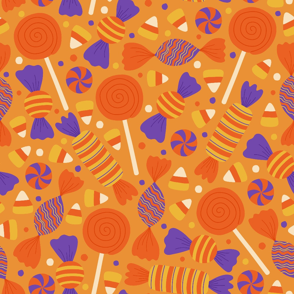 halloween candy, orange background, purple accents, lollipops, wrapped candies, candy corn, peppermint swirls, striped patterns, festive treats,, fabric panel, seasonal design, trick or treat, autumn colors, candy pattern, halloween theme, orange and purple, sweet treats, holiday fabric, cotton fabric