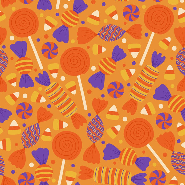 halloween candy, orange background, purple accents, lollipops, wrapped candies, candy corn, peppermint swirls, striped patterns, festive treats,, fabric panel, seasonal design, trick or treat, autumn colors, candy pattern, halloween theme, orange and purple, sweet treats, holiday fabric, cotton fabric