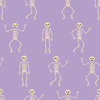 halloween fabric, skeleton pattern, purple background, lavender purple, cream colored bones, dancing skeletons, spooky characters, halloween decorations,, fabric panel, repetitive pattern, festive design, autumn themed, cartoon skeletons, halloween crafting, seasonal fabric, whimsical skeletons, bone illustrations, halloween sewing