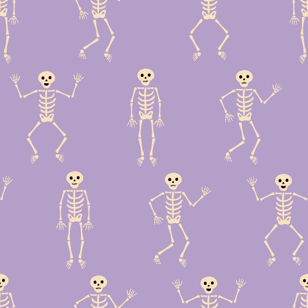 halloween fabric, skeleton pattern, purple background, lavender purple, cream colored bones, dancing skeletons, spooky characters, halloween decorations,, fabric panel, repetitive pattern, festive design, autumn themed, cartoon skeletons, halloween crafting, seasonal fabric, whimsical skeletons, bone illustrations, halloween sewing