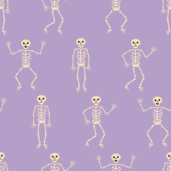 halloween fabric, skeleton pattern, purple background, lavender purple, cream colored bones, dancing skeletons, spooky characters, halloween decorations,, fabric panel, repetitive pattern, festive design, autumn themed, cartoon skeletons, halloween crafting, seasonal fabric, whimsical skeletons, bone illustrations, halloween sewing