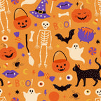 orange background, purple accents, halloween pattern, jack-o-lanterns, pumpkins, skeleton, black cat, ghost, witch hat, broomstick, bat, spider, eyeballs, cauldron, candy corn, boo text,, fabric panel, spooky theme, cartoon style, festive design, autumn colors, halloween motifs