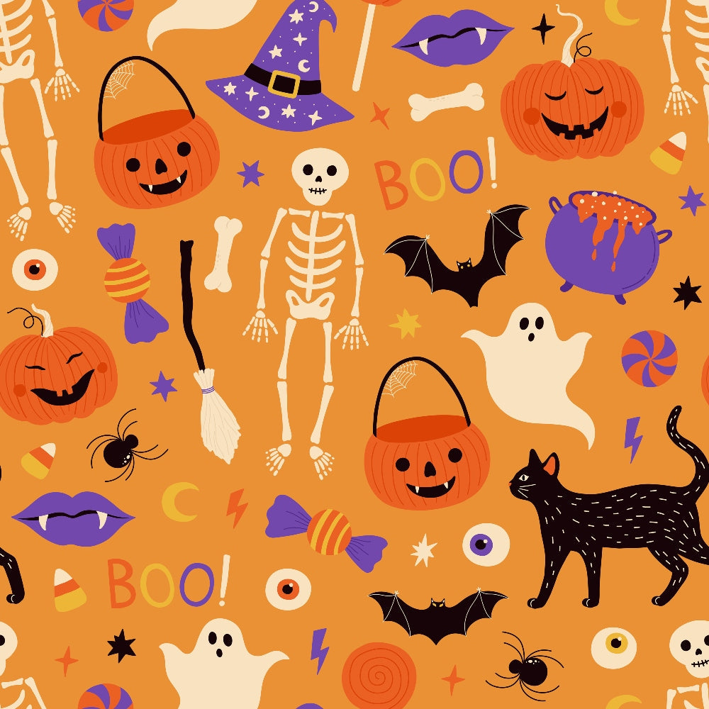 orange background, purple accents, halloween pattern, jack-o-lanterns, pumpkins, skeleton, black cat, ghost, witch hat, broomstick, bat, spider, eyeballs, cauldron, candy corn, boo text,, fabric panel, spooky theme, cartoon style, festive design, autumn colors, halloween motifs