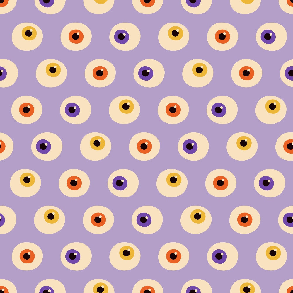 halloween, eyeball pattern, spooky eyes, purple background, orange eyes, yellow eyes, black pupils, repeating pattern, geometric circles, quirky design, creepy motif, autumn colors, halloween fabric,, craft fabric, seasonal pattern, whimsical horror, monster eyes, lavender purple, festive halloween