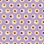halloween, eyeball pattern, spooky eyes, purple background, orange eyes, yellow eyes, black pupils, repeating pattern, geometric circles, quirky design, creepy motif, autumn colors, halloween fabric,, craft fabric, seasonal pattern, whimsical horror, monster eyes, lavender purple, festive halloween