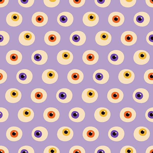 halloween, eyeball pattern, spooky eyes, purple background, orange eyes, yellow eyes, black pupils, repeating pattern, geometric circles, quirky design, creepy motif, autumn colors, halloween fabric,, craft fabric, seasonal pattern, whimsical horror, monster eyes, lavender purple, festive halloween