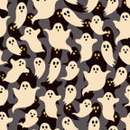 halloween ghosts, spooky spirits, cream colored ghosts, black background, yellow eyes, floating figures, supernatural characters, halloween theme, autumn seasonal,, fabric panel, seamless pattern, whimsical ghosts, cartoon style, playful spooky, repeated motifs, craft fabric, sewing material, festive design, october holiday