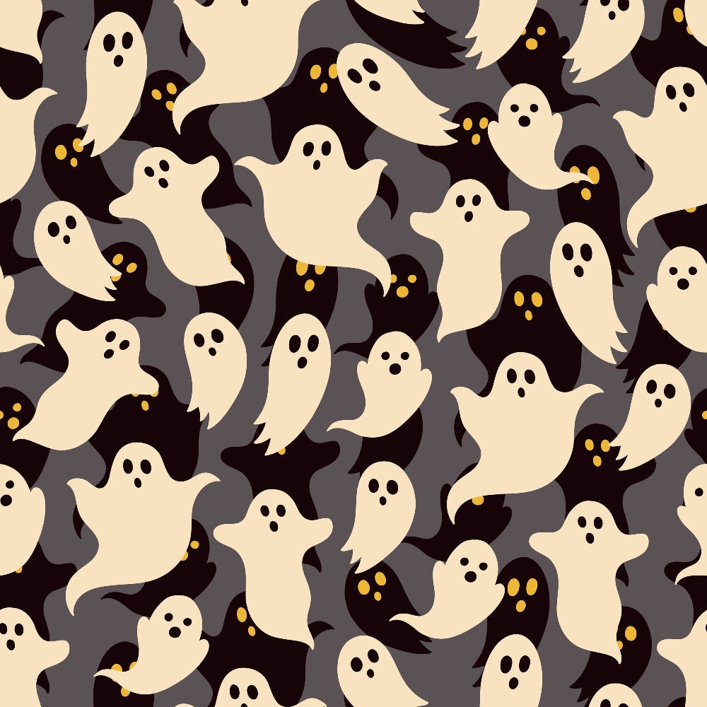 halloween ghosts, spooky spirits, cream colored ghosts, black background, yellow eyes, floating figures, supernatural characters, halloween theme, autumn seasonal,, fabric panel, seamless pattern, whimsical ghosts, cartoon style, playful spooky, repeated motifs, craft fabric, sewing material, festive design, october holiday