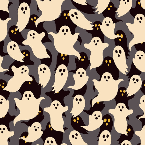 halloween ghosts, spooky spirits, cream colored ghosts, black background, yellow eyes, floating figures, supernatural characters, halloween theme, autumn seasonal,, fabric panel, seamless pattern, whimsical ghosts, cartoon style, playful spooky, repeated motifs, craft fabric, sewing material, festive design, october holiday