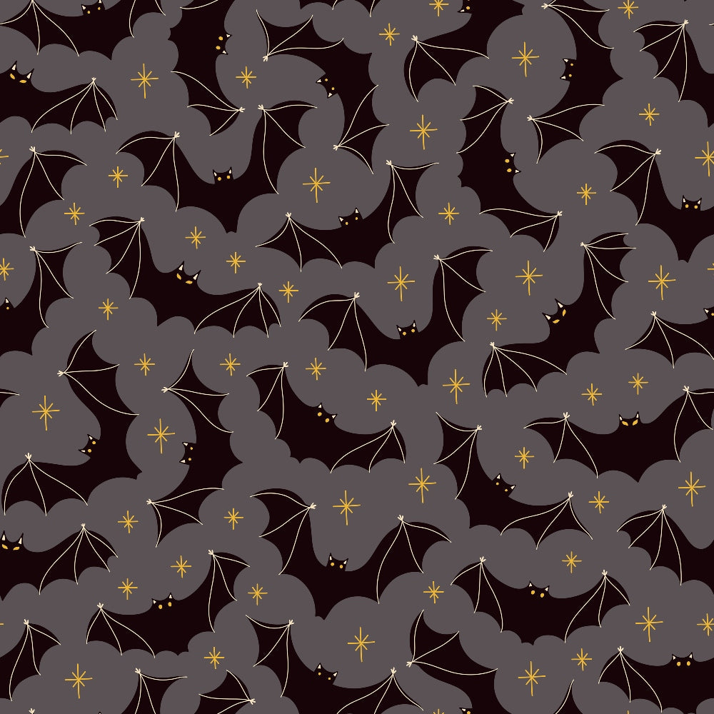 halloween fabric,, fabric panel, bats, stars, dark purple, maroon, burgundy, golden yellow, gray clouds, spooky pattern, halloween motif, bat silhouettes, starry night, gothic style, repeating pattern, seasonal fabric, october theme, nocturnal animals, mystical design
