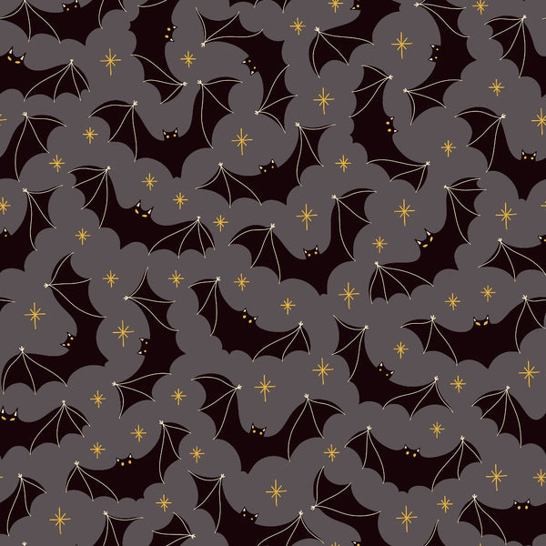 halloween fabric,, fabric panel, bats, stars, dark purple, maroon, burgundy, golden yellow, gray clouds, spooky pattern, halloween motif, bat silhouettes, starry night, gothic style, repeating pattern, seasonal fabric, october theme, nocturnal animals, mystical design