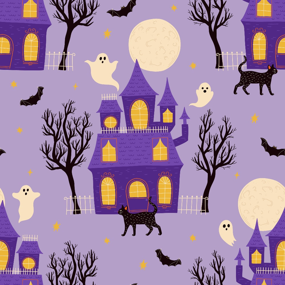 purple background, haunted house, gothic mansion, black cats, white ghosts, flying bats, bare trees, full moon, yellow windows, spooky atmosphere, halloween themed,, fabric panel, repeating pattern, whimsical style, lavender sky, golden stars, black silhouettes, cream moon, seasonal fabric
